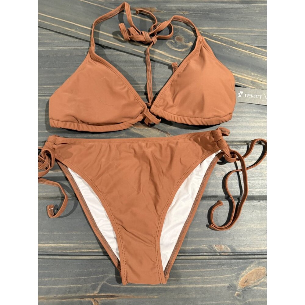 Tempt Me Womens Two-Piece Triangle Bikini Swimsuit Medium Brown Adjustable